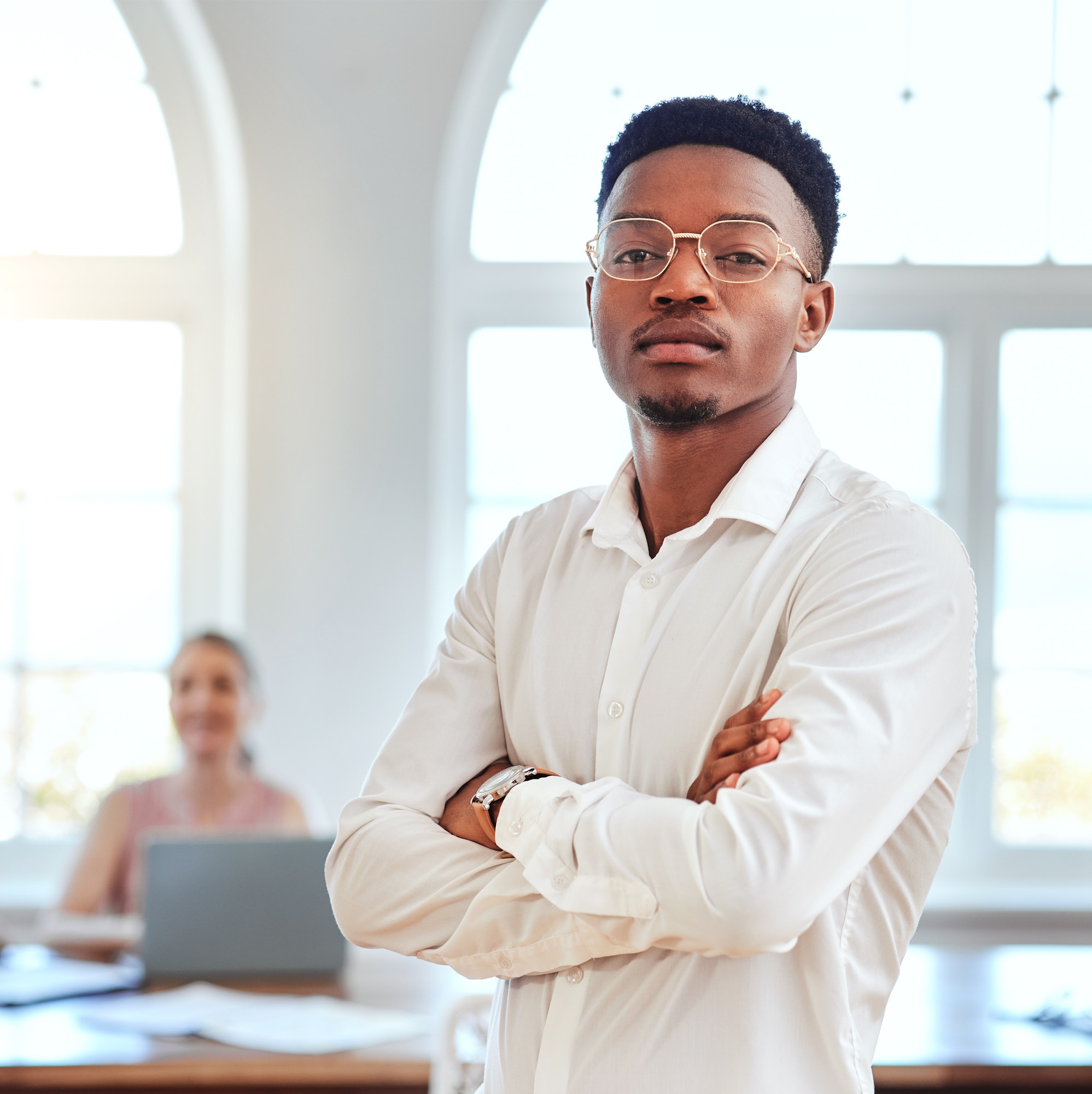 Business, leadership and portrait of black man in office with serious and assertive expression. Man